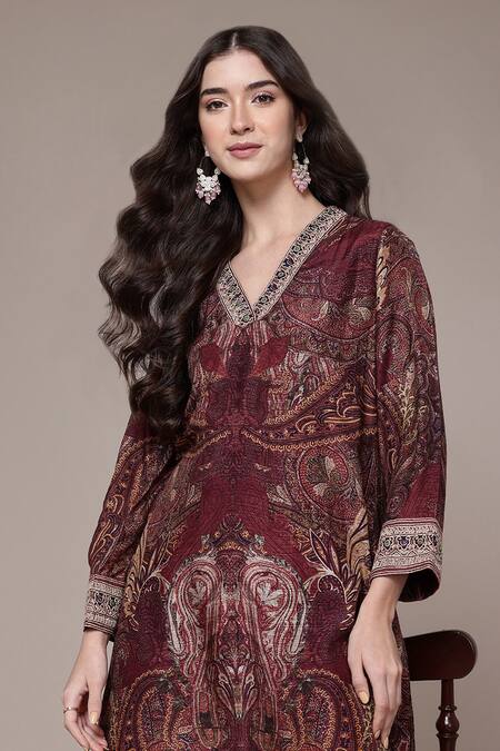 Ritu Kumar Maroon Viscose, Crepe Embroidery Giva Paisley Print Full Sleeve Kurta And Pant Set at Aza Fashions Ritu Kumar_Maroon Viscose, Crepe Embroidery Giva Paisley Print Full Sleeve Kurta And Pant Set _at_Aza_Fashions
