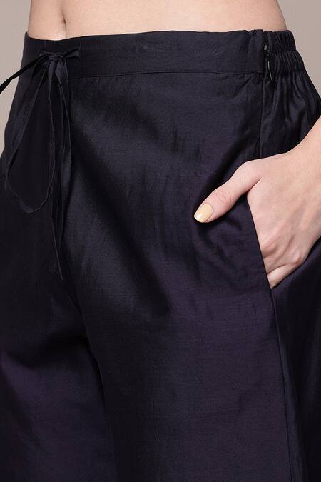 Ritu Kumar_Black Chanderi, Kota Doria Tassels Split V-neck Inayat Floral Print Kurta Set _Online_at_Aza_Fashions