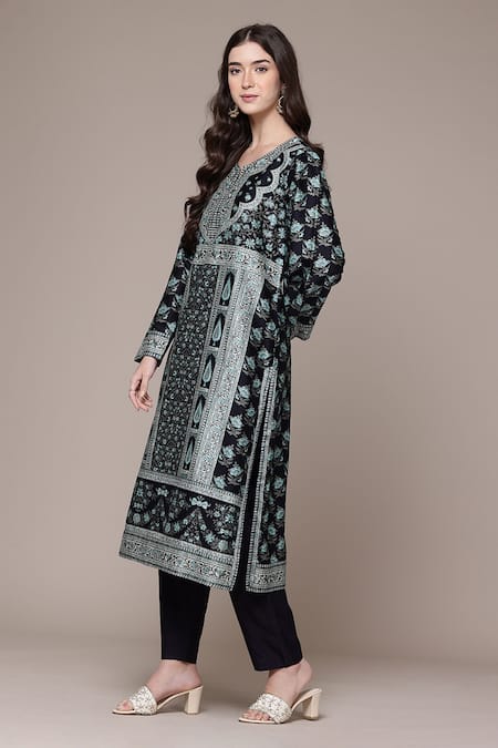 Buy_Ritu Kumar_Black Chanderi, Kota Doria Tassels Split V-neck Inayat Floral Print Kurta Set _Online_at_Aza_Fashions