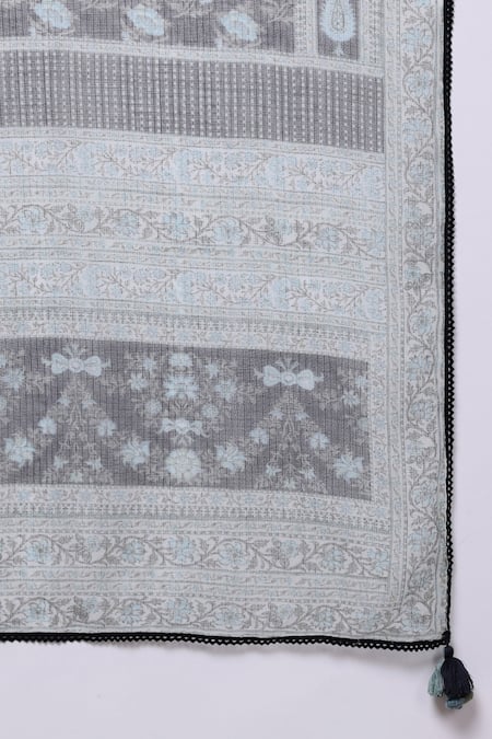 Shop_Ritu Kumar_Black Chanderi, Kota Doria Tassels Split V-neck Inayat Floral Print Kurta Set _Online_at_Aza_Fashions