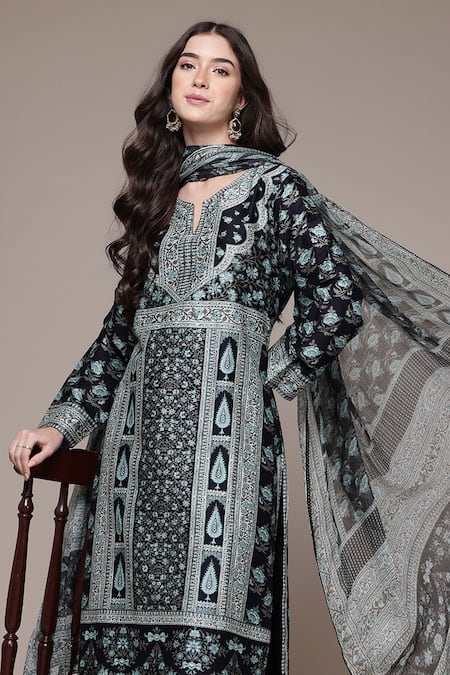 Buy_Ritu Kumar_Black Chanderi, Kota Doria Tassels Split V-neck Inayat Floral Print Kurta Set 
