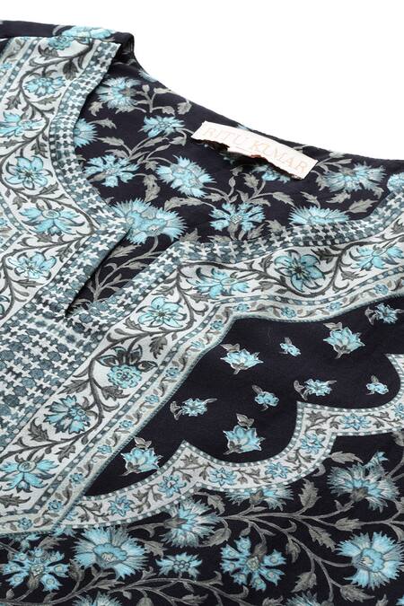 Shop_Ritu Kumar_Black Chanderi, Kota Doria Tassels Split V-neck Inayat Floral Print Kurta Set 