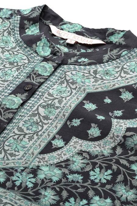 Ritu Kumar_Black Chanderi Mandarin Collar Floral Print Tunic _Online_at_Aza_Fashions