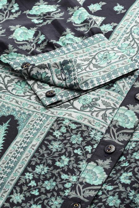 Buy_Ritu Kumar_Black Chanderi Mandarin Collar Floral Print Tunic _Online_at_Aza_Fashions