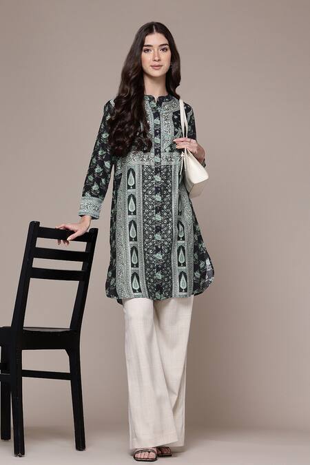 Shop_Ritu Kumar_Black Chanderi Mandarin Collar Floral Print Tunic _Online_at_Aza_Fashions