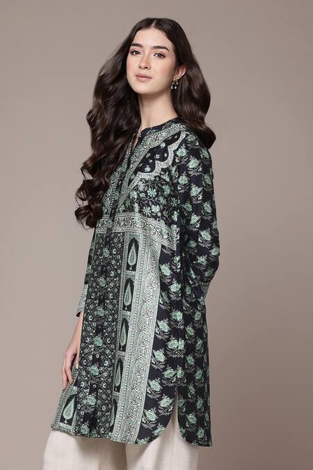 Ritu Kumar_Black Chanderi Mandarin Collar Floral Print Tunic _at_Aza_Fashions
