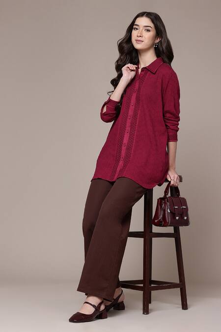 Ritu Kumar Magenta Cotton Collared Solid Butta Woven A-line Shirt Online at Aza Fashions Ritu Kumar_Magenta Cotton Collared Solid Butta Woven A-line Shirt _Online_at_Aza_Fashions