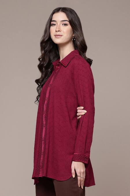 Buy Ritu Kumar Magenta Cotton Collared Solid Butta Woven A-line Shirt Online at Aza Fashions Buy_Ritu Kumar_Magenta Cotton Collared Solid Butta Woven A-line Shirt _Online_at_Aza_Fashions