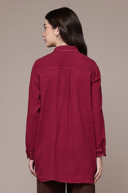 Shop Ritu Kumar Magenta Cotton Collared Solid Butta Woven A-line Shirt at Aza Fashions Shop_Ritu Kumar_Magenta Cotton Collared Solid Butta Woven A-line Shirt _at_Aza_Fashions