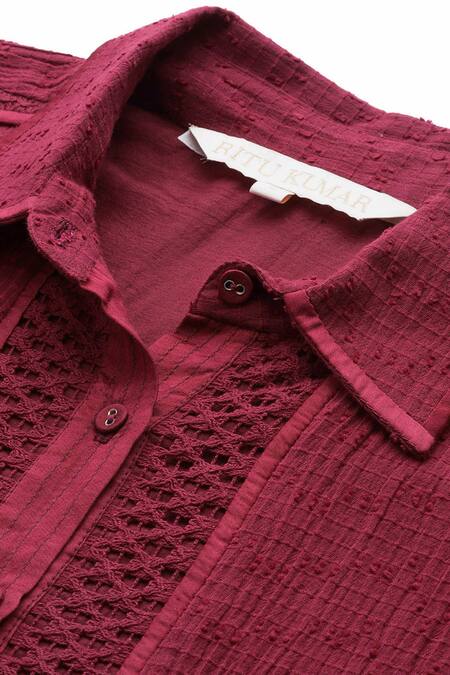 Shop Ritu Kumar Magenta Cotton Collared Solid Butta Woven A-line Shirt Online at Aza Fashions Shop_Ritu Kumar_Magenta Cotton Collared Solid Butta Woven A-line Shirt _Online_at_Aza_Fashions