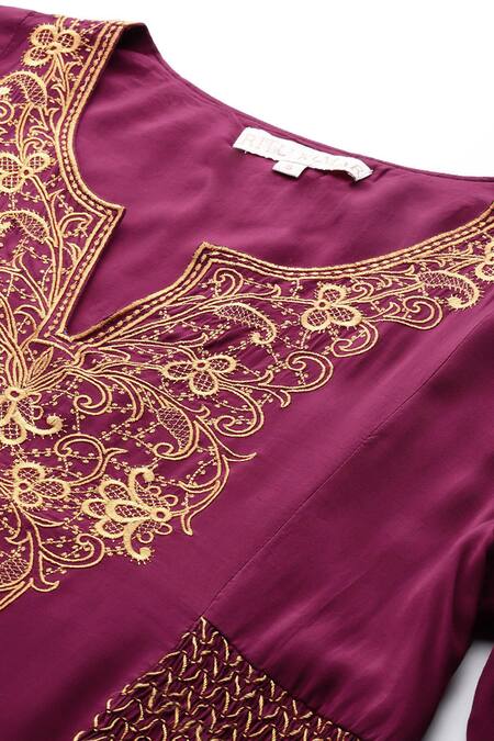 Shop_Ritu Kumar_Maroon Viscose, Silk Embroidery Split V-neck A-line Kurta With Inner _Online_at_Aza_Fashions