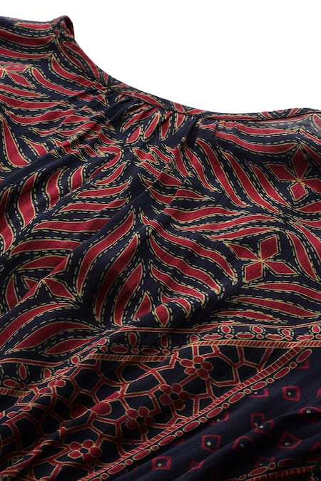 Shop Ritu Kumar Black Viscose, Silk Crew Neck, Keyhole Geometric Print Full Sleeve Kurti And Pant Online at Aza Fashions Shop_Ritu Kumar_Black Viscose, Silk Crew Neck, Keyhole Geometric Print Full Sleeve Kurti And Pant _Online_at_Aza_Fashions