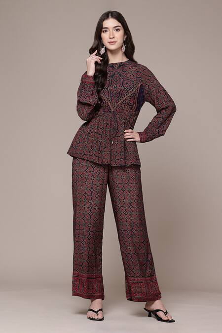 Buy Ritu Kumar Black Viscose, Silk Crew Neck, Keyhole Geometric Print Full Sleeve Kurti And Pant Buy_Ritu Kumar_Black Viscose, Silk Crew Neck, Keyhole Geometric Print Full Sleeve Kurti And Pant