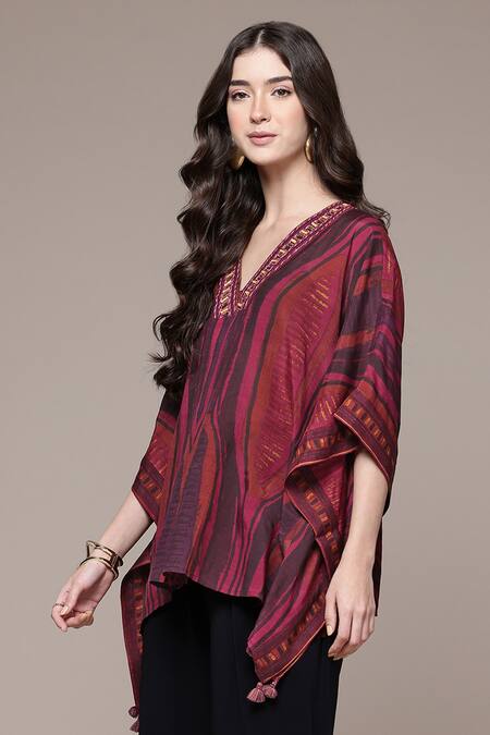 Ritu Kumar_Brown Viscose, Silk Beads, Embroidery V-neck Lana Geometric Print Kaftan Top _Online_at_Aza_Fashions