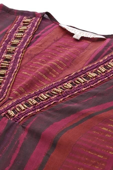 Shop_Ritu Kumar_Brown Viscose, Silk Beads, Embroidery V-neck Lana Geometric Print Kaftan Top _Online_at_Aza_Fashions