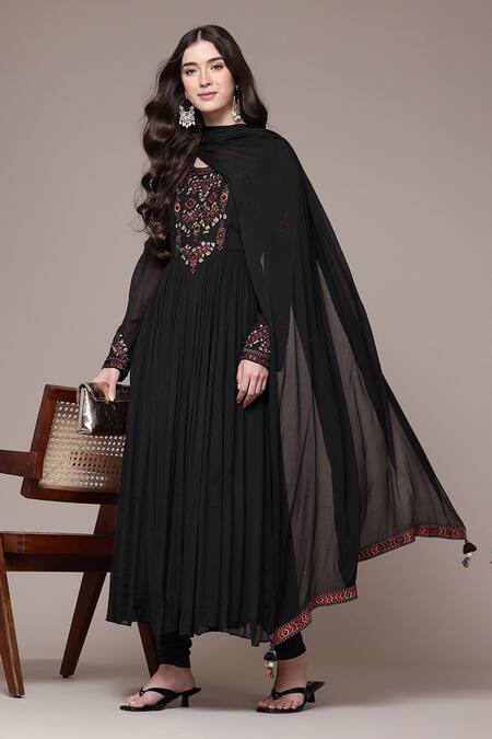 Ritu Kumar Black Viscose Chinon Chiffon, Viscose, Lycra Embroidery, Lior Anarkali Set Online at Aza Fashions Ritu Kumar_Black Viscose Chinon Chiffon, Viscose, Lycra Embroidery, Lior Anarkali Set _Online_at_Aza_Fashions