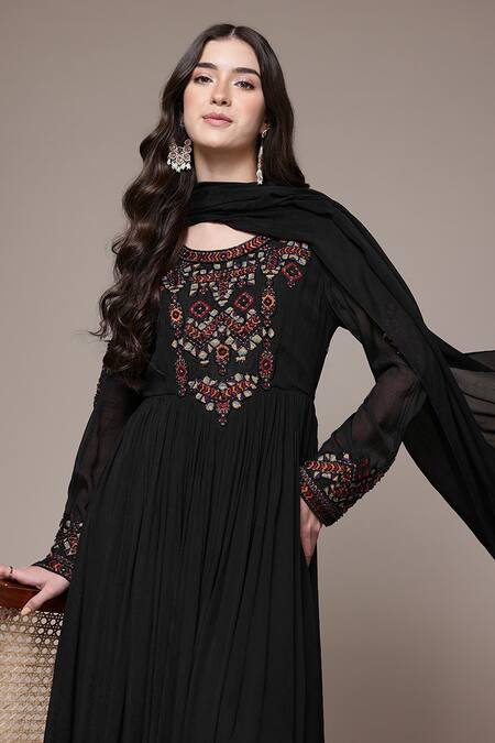 Shop Ritu Kumar Black Viscose Chinon Chiffon, Viscose, Lycra Embroidery, Lior Anarkali Set Online at Aza Fashions Shop_Ritu Kumar_Black Viscose Chinon Chiffon, Viscose, Lycra Embroidery, Lior Anarkali Set _Online_at_Aza_Fashions