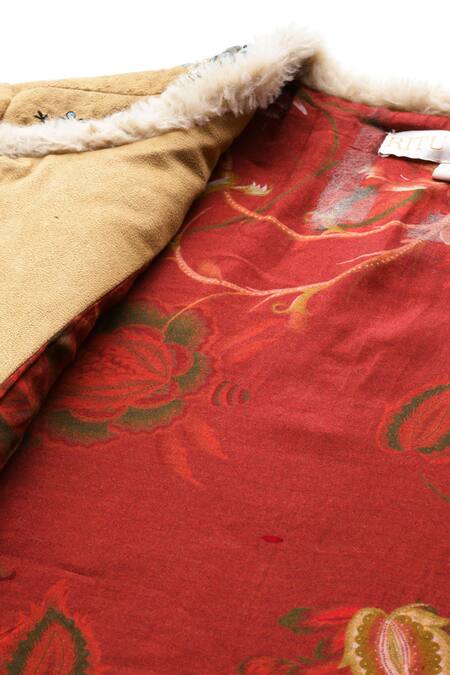 Buy_Ritu Kumar_Beige Suede Embroidery, Mirrors Round Neck Mavi Quilted Jacket With Fur Trim_Online_at_Aza_Fashions