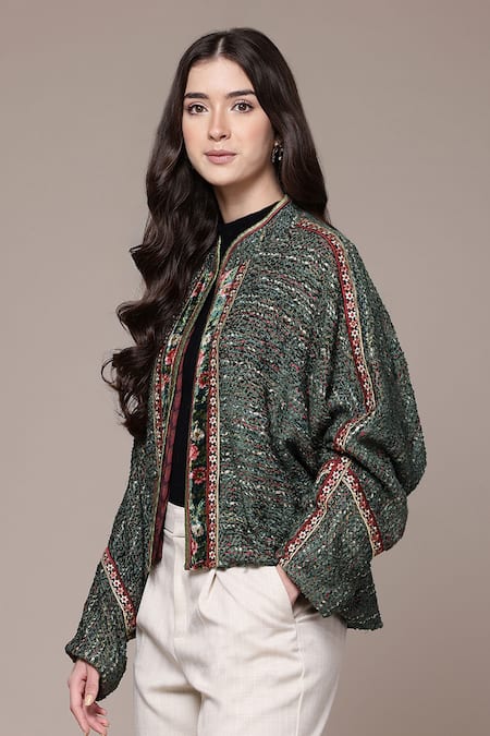 Ritu Kumar Teal Silk Embroidery, Piping Open Neck Molli Textured Full Sleeve Front Jacket Online at Aza Fashions Ritu Kumar_Teal Silk Embroidery, Piping Open Neck Molli Textured Full Sleeve Front Jacket _Online_at_Aza_Fashions