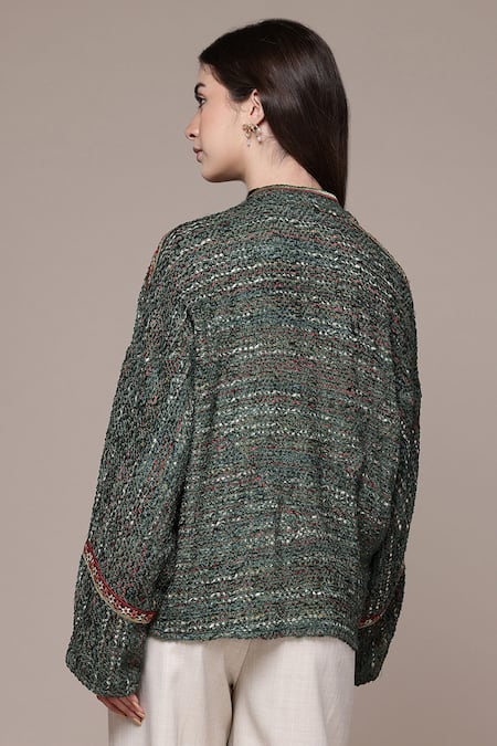 Shop Ritu Kumar Teal Silk Embroidery, Piping Open Neck Molli Textured Full Sleeve Front Jacket at Aza Fashions Shop_Ritu Kumar_Teal Silk Embroidery, Piping Open Neck Molli Textured Full Sleeve Front Jacket _at_Aza_Fashions