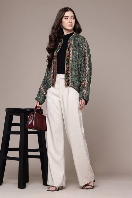 Buy Ritu Kumar Teal Silk Embroidery, Piping Open Neck Molli Textured Full Sleeve Front Jacket Online at Aza Fashions Buy_Ritu Kumar_Teal Silk Embroidery, Piping Open Neck Molli Textured Full Sleeve Front Jacket _Online_at_Aza_Fashions