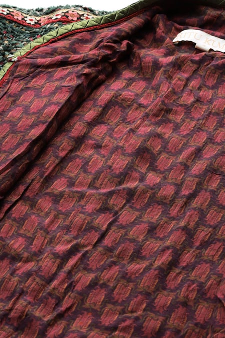 Shop Ritu Kumar Teal Silk Embroidery, Piping Open Neck Molli Textured Full Sleeve Front Jacket Online at Aza Fashions Shop_Ritu Kumar_Teal Silk Embroidery, Piping Open Neck Molli Textured Full Sleeve Front Jacket _Online_at_Aza_Fashions