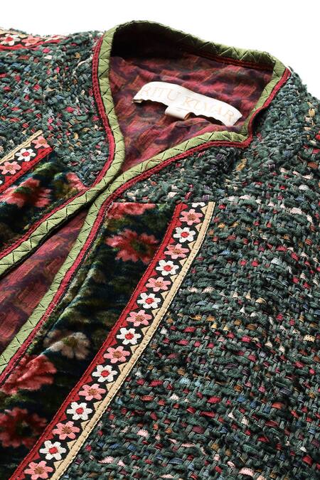 Ritu Kumar Teal Silk Embroidery, Piping Open Neck Molli Textured Full Sleeve Front Jacket at Aza Fashions Ritu Kumar_Teal Silk Embroidery, Piping Open Neck Molli Textured Full Sleeve Front Jacket _at_Aza_Fashions