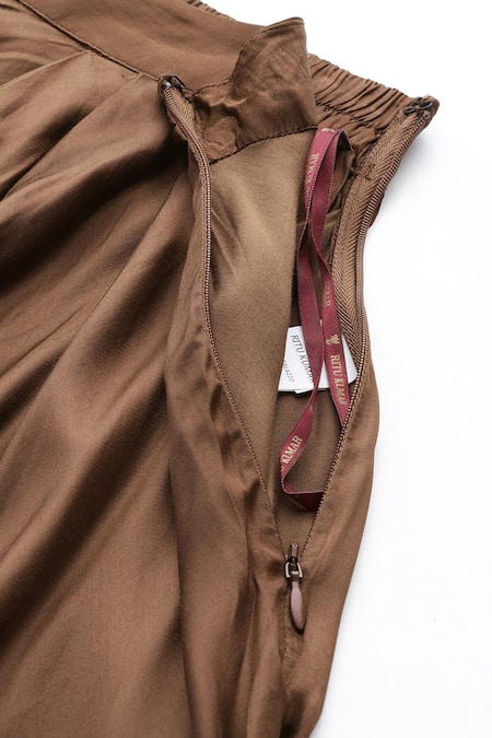 Buy_Ritu Kumar_Brown Satin Solid Draped Palazzo Pant _Online_at_Aza_Fashions