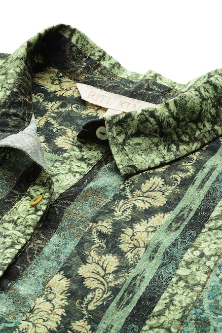 Ritu Kumar_Green Chanderi Collared Rajas Abstract Print Full Sleeves Shirt _Online_at_Aza_Fashions