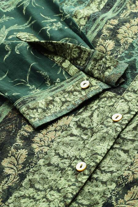 Buy_Ritu Kumar_Green Chanderi Collared Rajas Abstract Print Full Sleeves Shirt _Online_at_Aza_Fashions