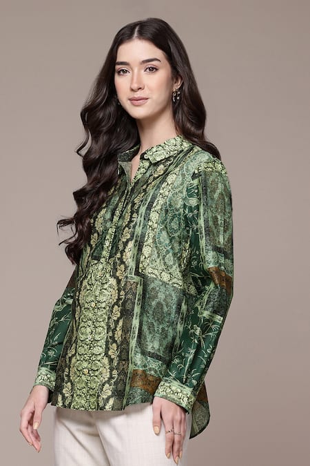 Shop_Ritu Kumar_Green Chanderi Collared Rajas Abstract Print Full Sleeves Shirt _Online_at_Aza_Fashions