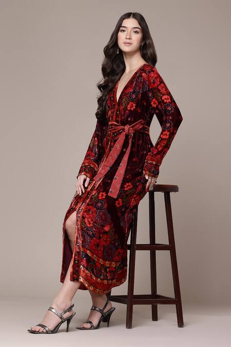 Buy_Ritu Kumar_Maroon Velvet, Silk V-neck Floral Fit And Flare Dress _Online_at_Aza_Fashions