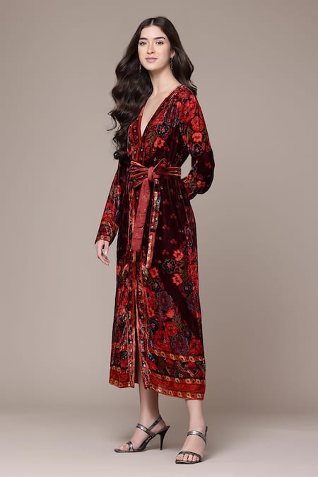 Shop_Ritu Kumar_Maroon Velvet, Silk V-neck Floral Fit And Flare Dress _Online_at_Aza_Fashions