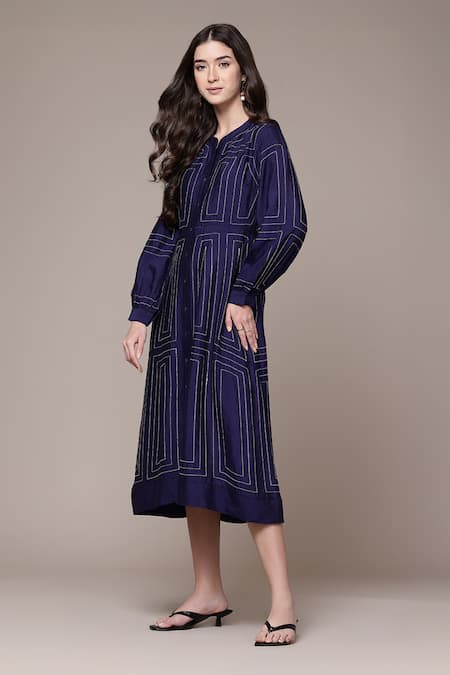 Ritu Kumar Navy Embroidery Mandarin Collar Stitch Geometric Fit And Flare Dress Online at Aza Fashions Ritu Kumar_Navy Embroidery Mandarin Collar Stitch Geometric Fit And Flare Dress _Online_at_Aza_Fashions