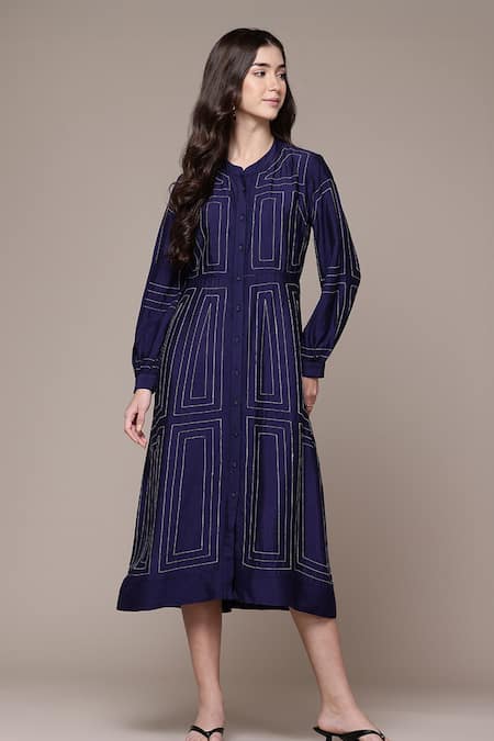 Buy Ritu Kumar Navy Embroidery Mandarin Collar Stitch Geometric Fit And Flare Dress Online at Aza Fashions Buy_Ritu Kumar_Navy Embroidery Mandarin Collar Stitch Geometric Fit And Flare Dress _Online_at_Aza_Fashions
