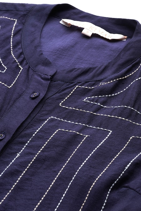 Shop Ritu Kumar Navy Embroidery Mandarin Collar Stitch Geometric Fit And Flare Dress Online at Aza Fashions Shop_Ritu Kumar_Navy Embroidery Mandarin Collar Stitch Geometric Fit And Flare Dress _Online_at_Aza_Fashions