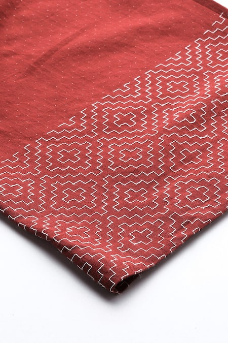 Shop_Ritu Kumar_Red Cotton, Jacquard Embroidery Round Neck, Syeta Woven Kurta And Palazzo Set _Online_at_Aza_Fashions