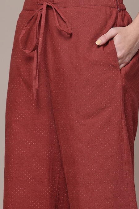 Ritu Kumar_Red Cotton, Jacquard Embroidery Round Neck, Syeta Woven Kurta And Palazzo Set _at_Aza_Fashions