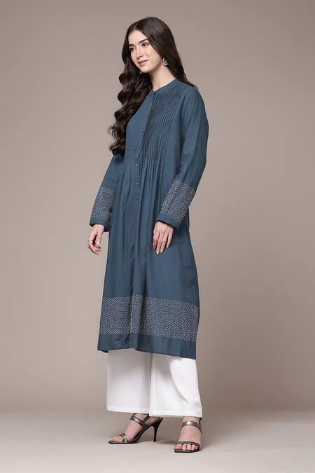 Ritu Kumar Blue Cotton, Jacquard Embroidery Mandarin Syeta Solid Pleated Band A-line Kurta Online at Aza Fashions Ritu Kumar_Blue Cotton, Jacquard Embroidery Mandarin Syeta Solid Pleated Band A-line Kurta _Online_at_Aza_Fashions