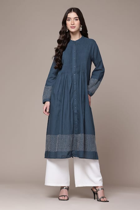 Ritu Kumar Syeta Solid Pleated Band Collar A-Line Kurta 