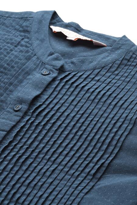 Shop Ritu Kumar Blue Cotton, Jacquard Embroidery Mandarin Syeta Solid Pleated Band A-line Kurta Online at Aza Fashions Shop_Ritu Kumar_Blue Cotton, Jacquard Embroidery Mandarin Syeta Solid Pleated Band A-line Kurta _Online_at_Aza_Fashions