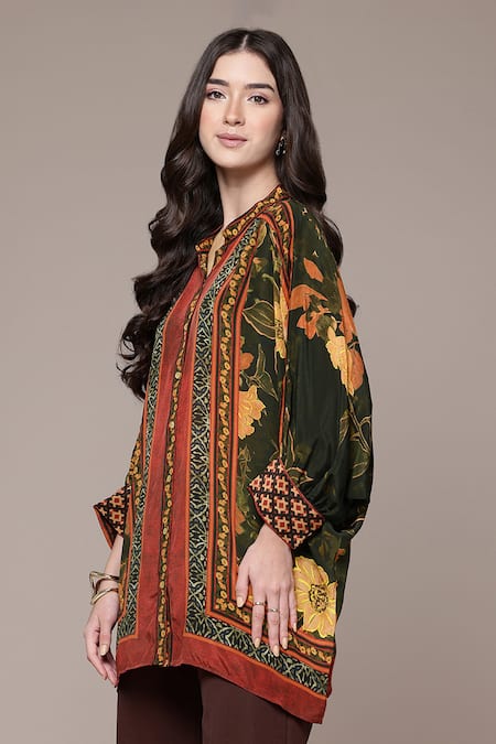 Ritu Kumar_Black Viscose, Crepe Mandarin Collar Tamannah Floral Print Shirt _Online_at_Aza_Fashions
