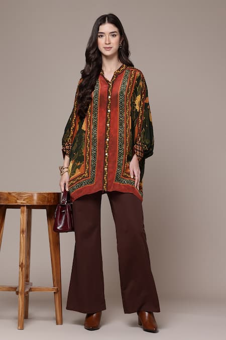 Shop_Ritu Kumar_Black Viscose, Crepe Mandarin Collar Tamannah Floral Print Shirt _Online_at_Aza_Fashions