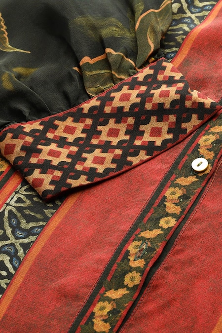 Ritu Kumar_Black Viscose, Crepe Mandarin Collar Tamannah Floral Print Shirt _at_Aza_Fashions