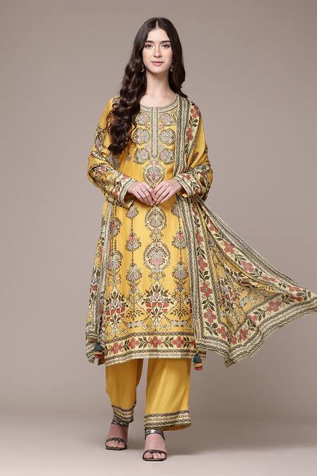 Shop Ritu Kumar Yellow Chanderi, Crepe, Viscose, Chinon Tapti Botanic Print Kurta Set Online at Aza Fashions Shop_Ritu Kumar_Yellow Chanderi, Crepe, Viscose, Chinon Tapti Botanic Print Kurta Set _Online_at_Aza_Fashions