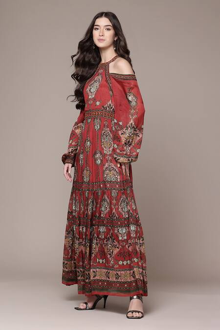 Ritu Kumar_Rust Viscose Chinon Chiffon Tapti Botanic Print Fit And Flare Full Sleeve Dress _Online_at_Aza_Fashions