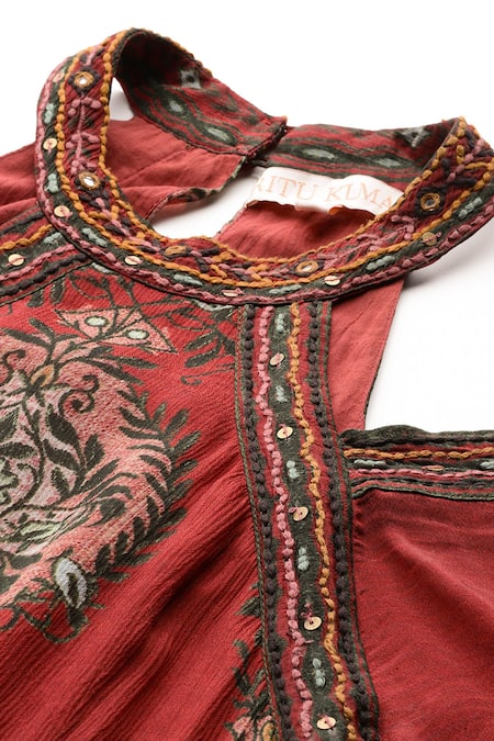 Ritu Kumar_Rust Viscose Chinon Chiffon Tapti Botanic Print Fit And Flare Full Sleeve Dress _at_Aza_Fashions