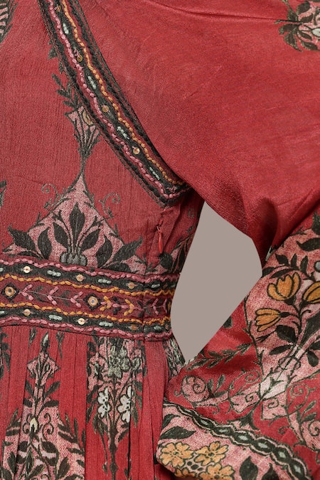 Buy_Ritu Kumar_Rust Viscose Chinon Chiffon Tapti Botanic Print Fit And Flare Full Sleeve Dress 