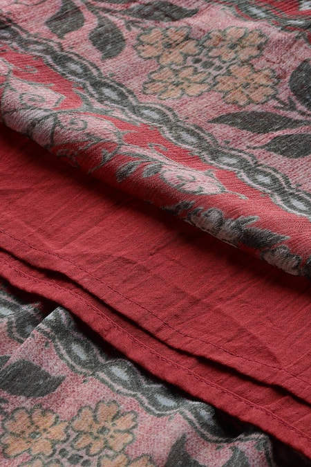 Shop_Ritu Kumar_Rust Viscose Chinon Chiffon Tapti Botanic Print Fit And Flare Full Sleeve Dress 