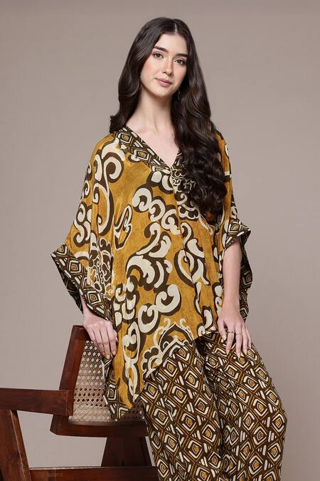 Shop_Ritu Kumar_Mustard Viscose, Crepe Tesha Tribal Print Asymmetric Kaftan Top And Pant Set _Online_at_Aza_Fashions